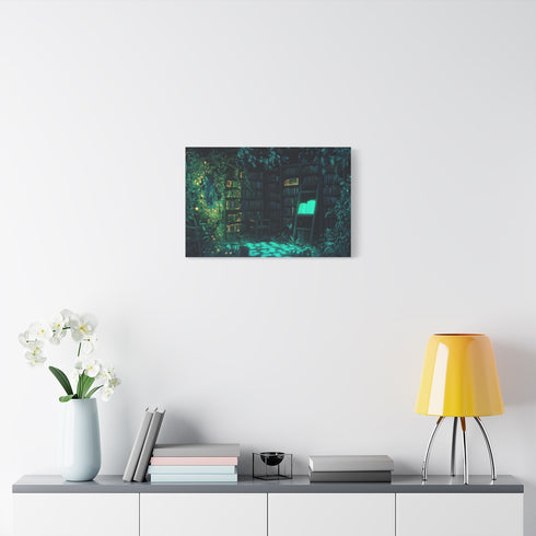 Overgrown Library with Glowing Books — 24×16 Canvas Wall Art — Living Room Wall Lifestyle View