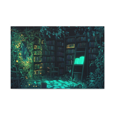 Overgrown Library with Glowing Books — 24×16 Canvas Wall Art — Front Gallery-Wrapped Canvas View
