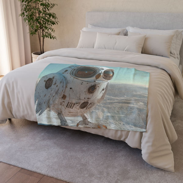 Owl Shaped Spacecraft Landing on Ice — Plush Fleece Throw Blanket — Drape over Sofa & Bed Lifestyle View