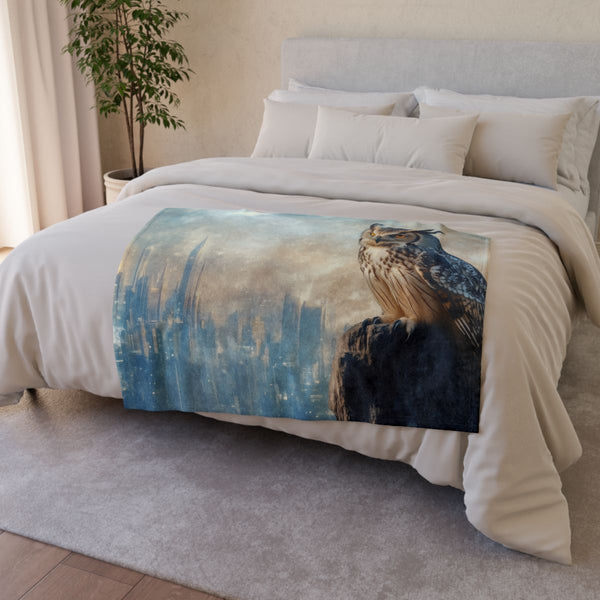 Owl Watching Over City of Mirrors — Plush Fleece Throw Blanket — Drape over Sofa & Bed Lifestyle View