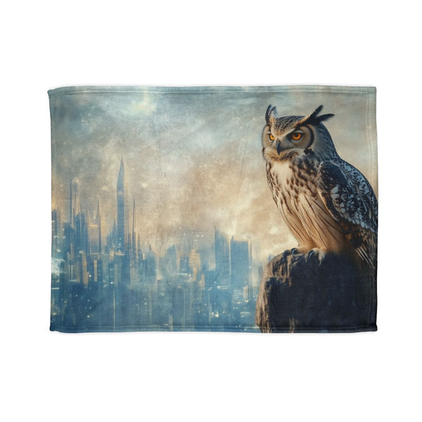 Owl Watching Over City of Mirrors — Plush Fleece Throw Blanket — Full Spread Plush Fleece Artwork View