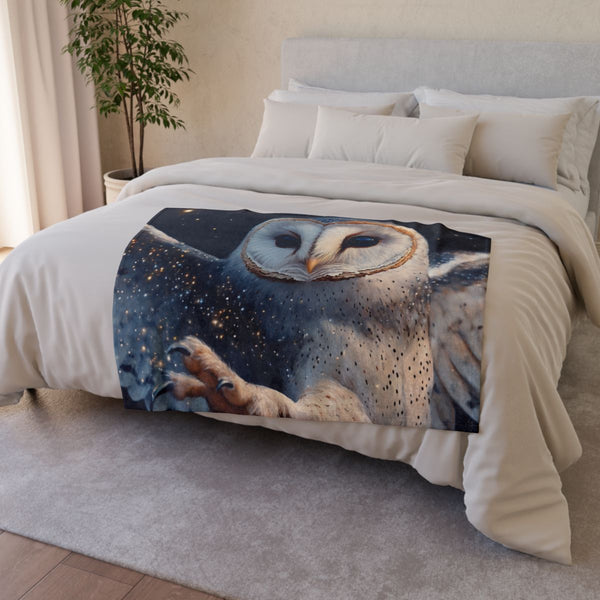 Owl with Constellation Wings (Edition III) — Plush Fleece Throw Blanket — Drape over Sofa & Bed Lifestyle View