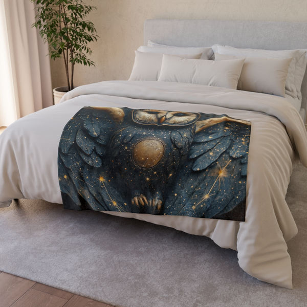 Owl with Constellation Wings — Plush Fleece Throw Blanket — Drape over Sofa & Bed Lifestyle View