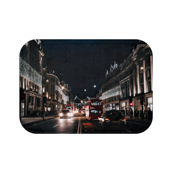 Oxford Street London Night — Non-Slip Bath Mat — Top-Down Velvet Microfibre Artwork View