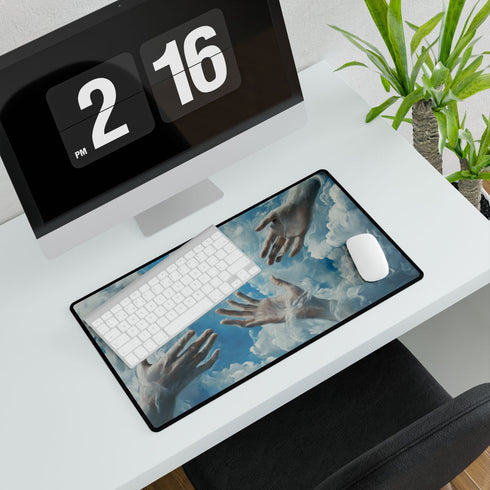 Painted Clouds Forming Human Hands — XL & XXL Desk Mat — Gaming & Workspace Desk Setup View