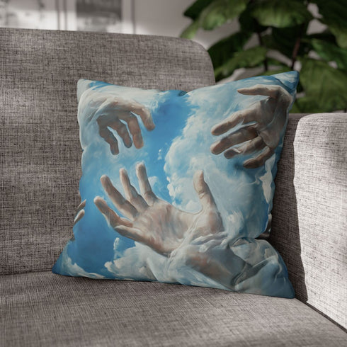Painted Clouds Forming Human Hands — 40×40 Cushion Cover — Double-Sided Back & Concealed Zip Detail