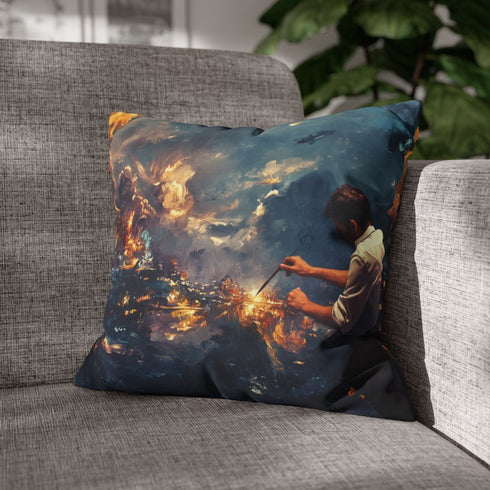 Painter Creating Real Worlds with Brush — 40×40 Cushion Cover — Sofa & Living Room Lifestyle View