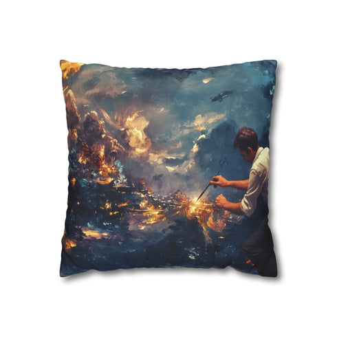 Painter Creating Real Worlds with Brush — 40×40 Cushion Cover — Front 40×40 cm Square Cushion View