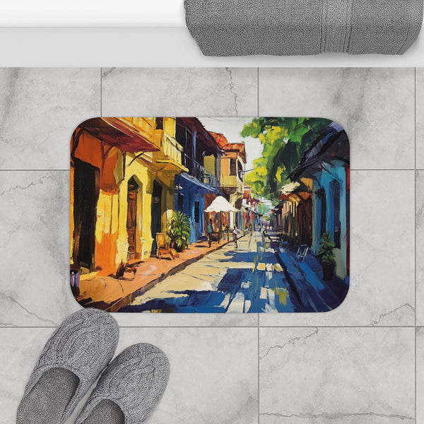 Panaji Goa Painting (Edition V) — 61×43 Memory Foam Bath Mat — Modern Bathroom Floor Lifestyle View