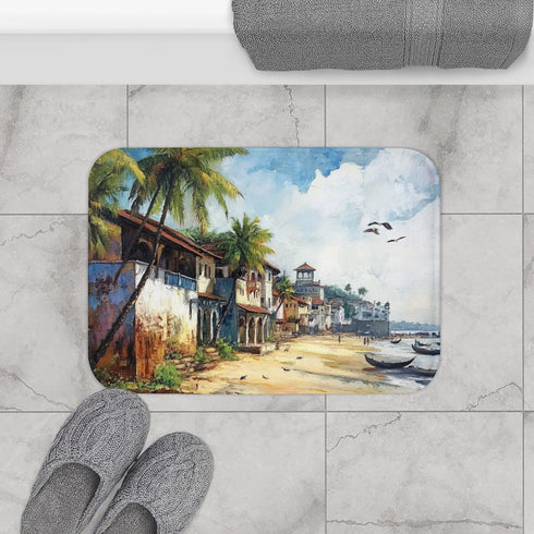 Panaji Goa Painting — 61×43 Memory Foam Bath Mat — Modern Bathroom Floor Lifestyle View