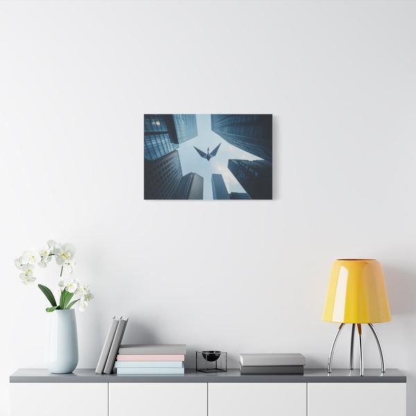 Paper Crane Soaring Above Skyscrapers — Stretched Canvas Wall Art — Living Room Wall Lifestyle View
