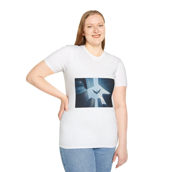 Paper Crane Soaring Above Skyscrapers — Graphic Cotton T-Shirt — Model Streetwear Fit View