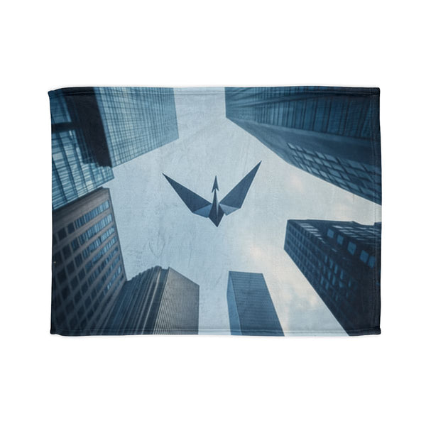 Paper Crane Soaring Above Skyscrapers — Plush Fleece Throw Blanket — Full Spread Plush Fleece Artwork View