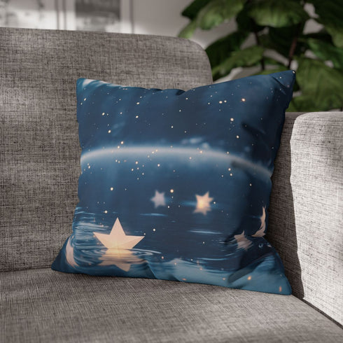 Paper Stars Falling into Dream Lake — Faux Suede Cushion Cover — Sofa & Living Room Lifestyle View