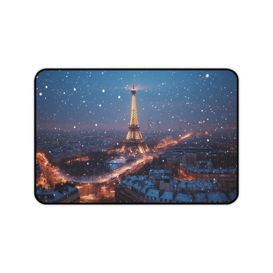 "Paris Snow Night Desk Mat - Wanderlust-inspired desk accessory for dreamers"