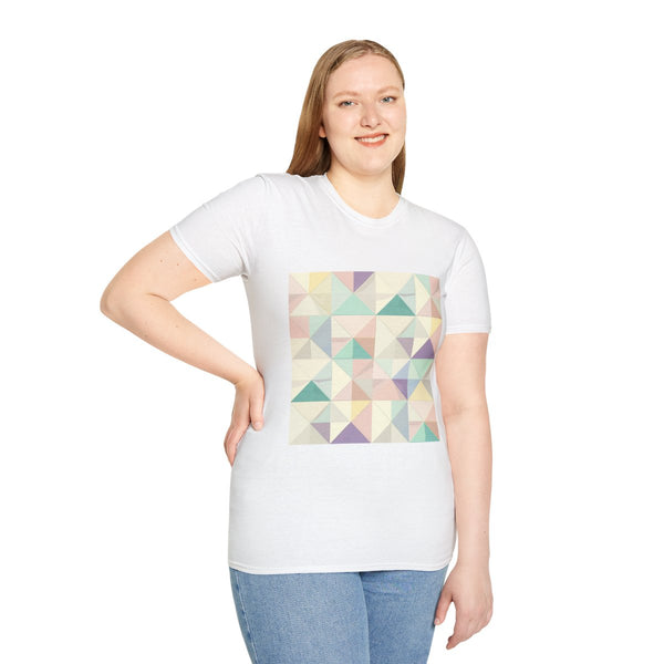 Soft Pastel Geometric Seamless Pattern — Graphic Cotton T-Shirt — Model Streetwear Fit View