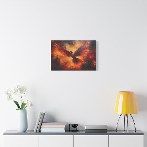 Phoenix Born from Volcanic Ash — Stretched Canvas Wall Art — Living Room Wall Lifestyle View