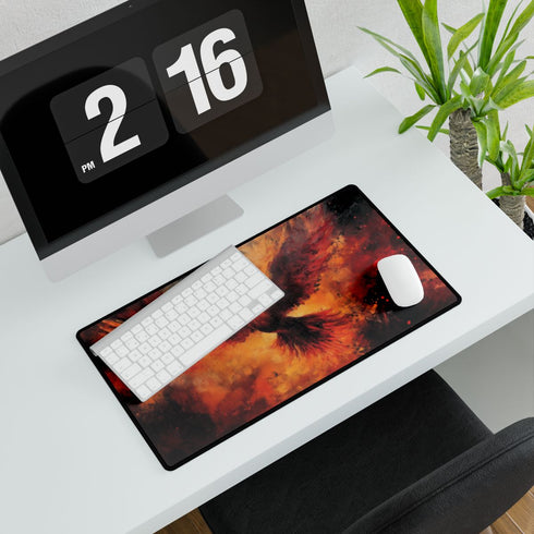 Phoenix Born from Volcanic Ash — XXL Gaming Desk Mat — Gaming & Workspace Desk Setup View