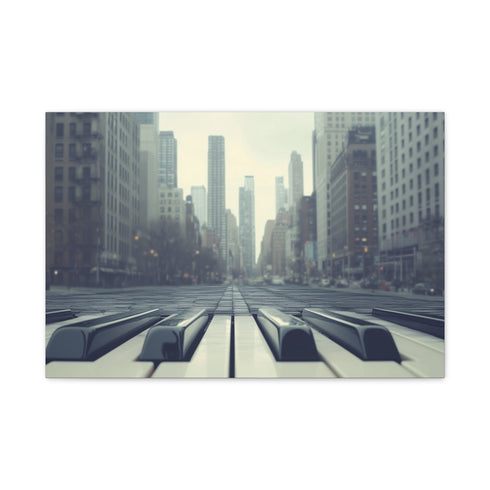 Piano Keys City Skyline Surreal Dreamscape Stretched Canvas Wall Art - Full-Bleed Horizontal Front View | Prints With Passion