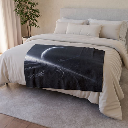 Planet with Rings Shaped Like Piano — Plush Fleece Throw Blanket — Draped Over Sofa & Bed Lifestyle View
