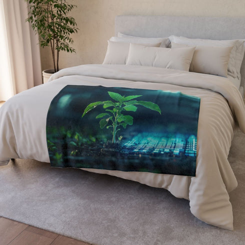 Plant Growing from Digital Screen — Plush Fleece Throw Blanket — Draped Over Sofa & Bed Lifestyle View