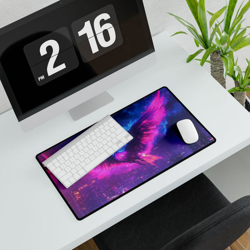Plasma Phoenix over a Neon Skyline — XL Gaming Desk Mat — Gaming & Workspace Desk Setup View