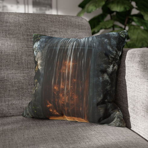 Portal Hidden Behind Falling Waterfall — 40×40 Cushion Cover — Sofa & Living Room Lifestyle View