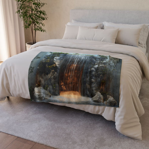 Portal Hidden Behind Falling Waterfall — Plush Fleece Throw Blanket — Draped Over Sofa & Bed Lifestyle View