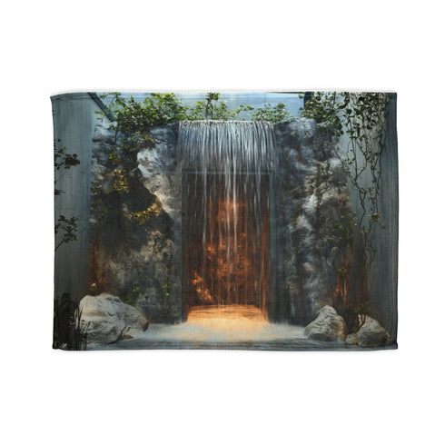 Portal Hidden Behind Falling Waterfall — Plush Fleece Throw Blanket — Full Flat Artwork View