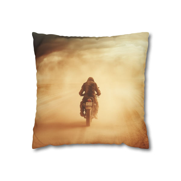 Post Apocalyptic Biker on a Dusty Road (Edition II) — 40×40 Cushion Cover — Front 40×40 cm Square Cushion View