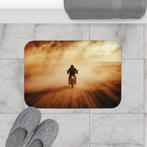 Post Apocalyptic Biker on a Dusty Road (Edition II) — 61×43 Memory Foam Bath Mat — Modern Bathroom Floor Lifestyle View
