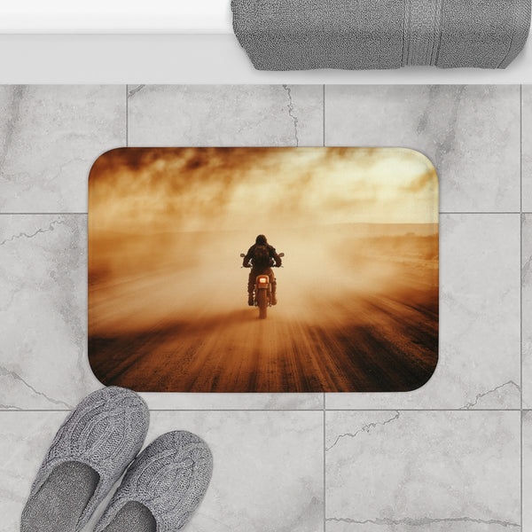 Post Apocalyptic Biker on a Dusty Road (Edition II) — 61×43 Memory Foam Bath Mat — Modern Bathroom Floor Lifestyle View