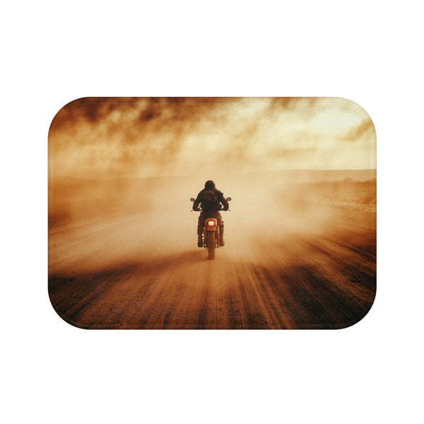 Post Apocalyptic Biker on a Dusty Road (Edition II) — 61×43 Memory Foam Bath Mat — Top-Down Velvet Microfibre Artwork View