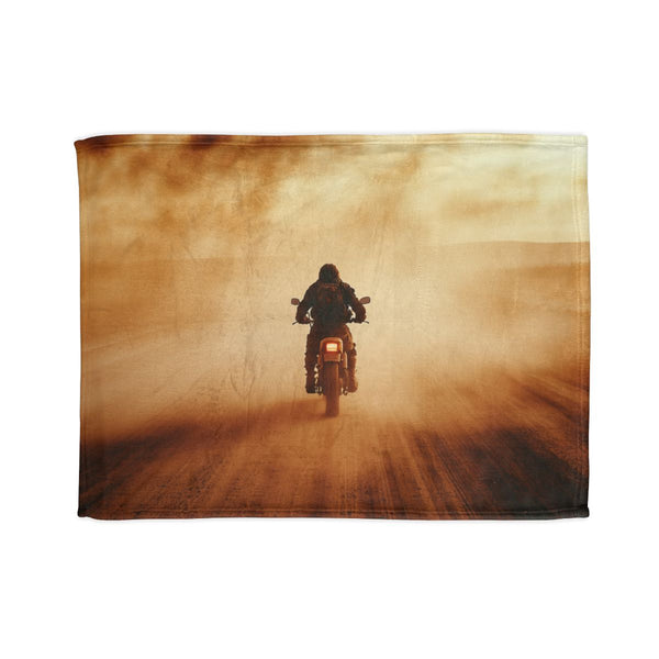 Post Apocalyptic Biker on a Dusty Road (Edition II) — 50×60 Plush Throw Blanket — Full Spread Plush Fleece Artwork View
