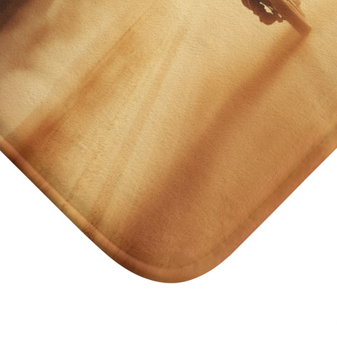 Post Apocalyptic Biker on a Dusty Road — 61×43 Memory Foam Bath Mat — Cushioned Memory Foam & Microfibre Close-Up