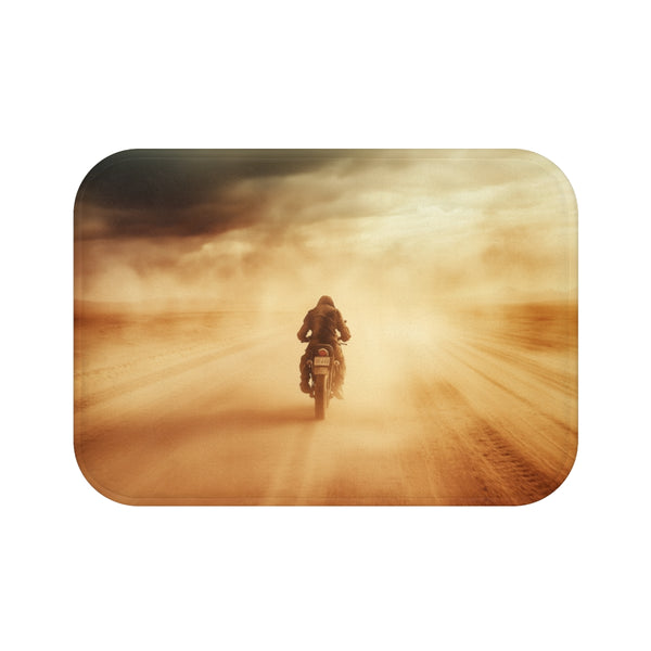 Post Apocalyptic Biker on a Dusty Road (Edition III) — 61×43 Memory Foam Bath Mat — Top-Down Velvet Microfibre Artwork View