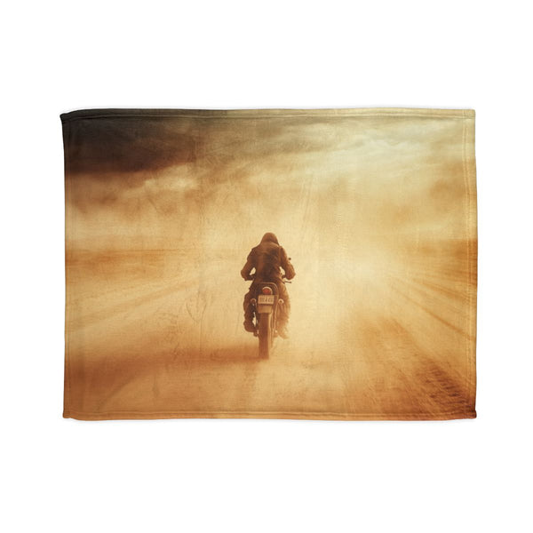 Post Apocalyptic Biker on a Dusty Road (Edition III) — 50×60 Plush Throw Blanket — Full Spread Plush Fleece Artwork View