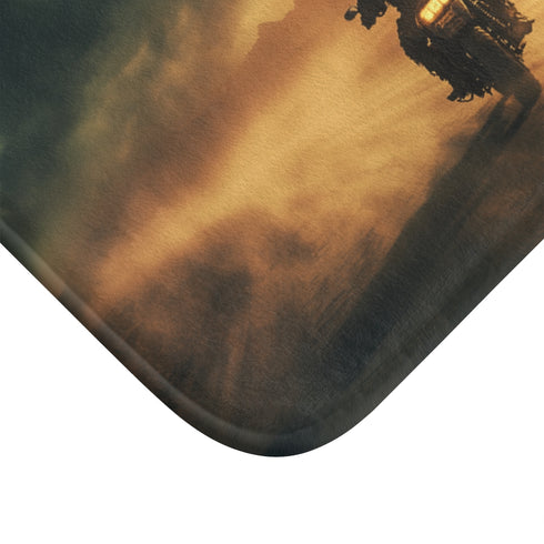 Post Apocalyptic Biker on a Dusty Road — 61×43 Memory Foam Bath Mat — Cushioned Memory Foam & Microfibre Close-Up