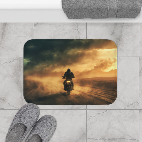 Post Apocalyptic Biker on a Dusty Road (Edition IV) — 61×43 Memory Foam Bath Mat — Modern Bathroom Floor Lifestyle View