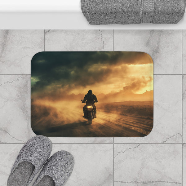 Post Apocalyptic Biker on a Dusty Road (Edition IV) — 61×43 Memory Foam Bath Mat — Modern Bathroom Floor Lifestyle View