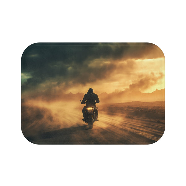 Post Apocalyptic Biker on a Dusty Road (Edition IV) — 61×43 Memory Foam Bath Mat — Top-Down Velvet Microfibre Artwork View