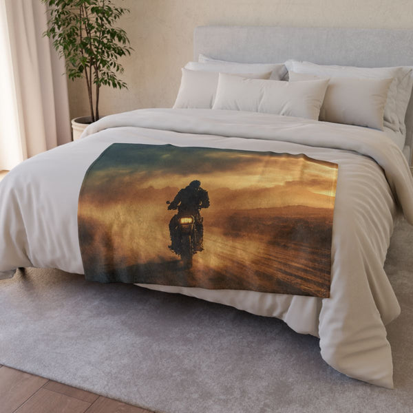 Post Apocalyptic Biker on a Dusty Road (Edition IV) — 50×60 Plush Throw Blanket — Draped Over Sofa & Bed Lifestyle View