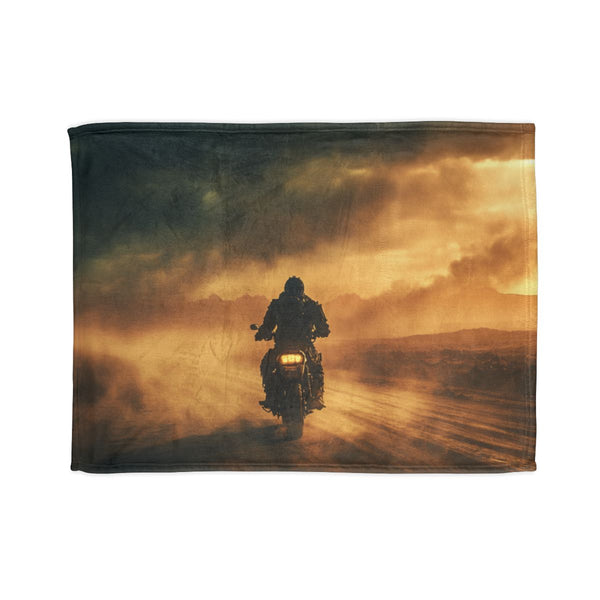 Post Apocalyptic Biker on a Dusty Road (Edition IV) — 50×60 Plush Throw Blanket — Full Spread Plush Fleece Artwork View