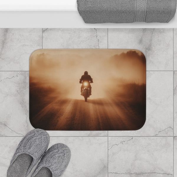Post Apocalyptic Biker on a Dusty Road — 61×43 Memory Foam Bath Mat — Modern Bathroom Floor Lifestyle View