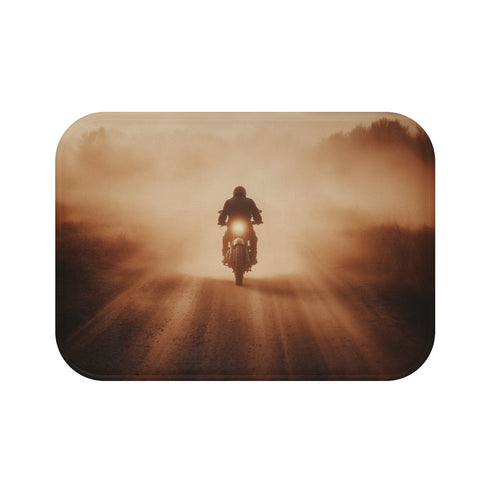 Post Apocalyptic Biker on a Dusty Road — 61×43 Memory Foam Bath Mat — Top-Down Velvet Microfibre Artwork View