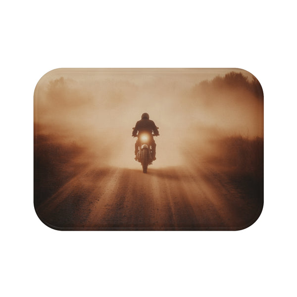 Post Apocalyptic Biker on a Dusty Road — 61×43 Memory Foam Bath Mat — Top-Down Velvet Microfibre Artwork View