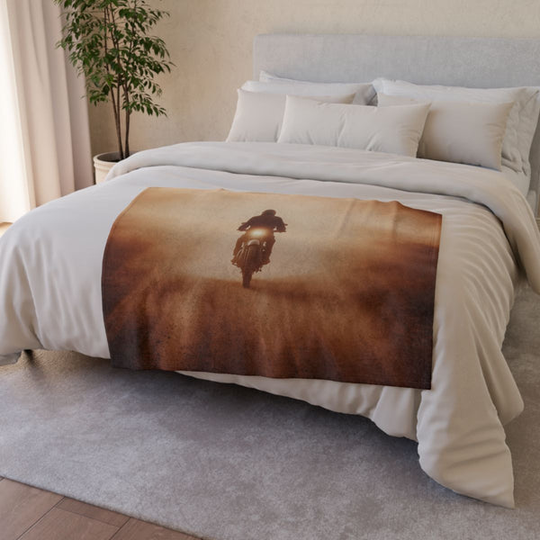 Post Apocalyptic Biker on a Dusty Road — 50×60 Plush Throw Blanket — Draped Over Sofa & Bed Lifestyle View