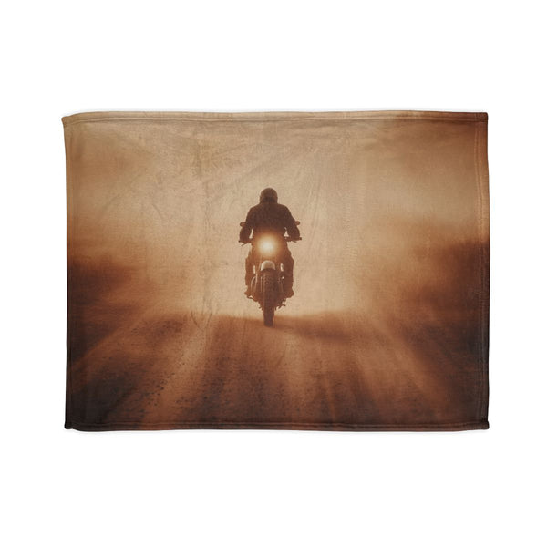 Post Apocalyptic Biker on a Dusty Road — 50×60 Plush Throw Blanket — Full Spread Plush Fleece Artwork View