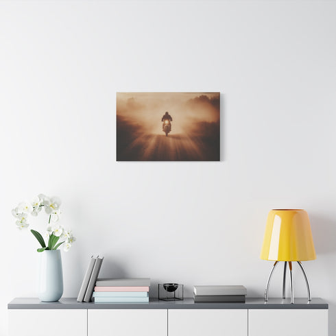 Post Apocalyptic Biker on Dusty Road — Stretched Canvas Wall Art — Living Room Wall Lifestyle View