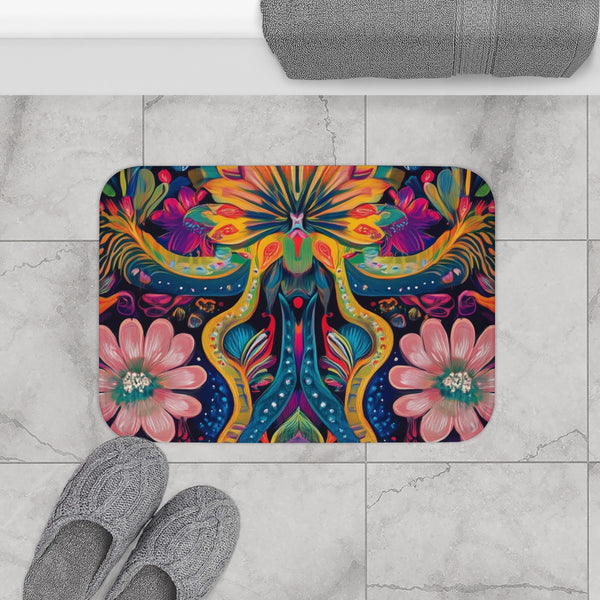 Psychedelic Ayahuasca Pattern — 61×43 Memory Foam Bath Mat — Modern Bathroom Floor Lifestyle View